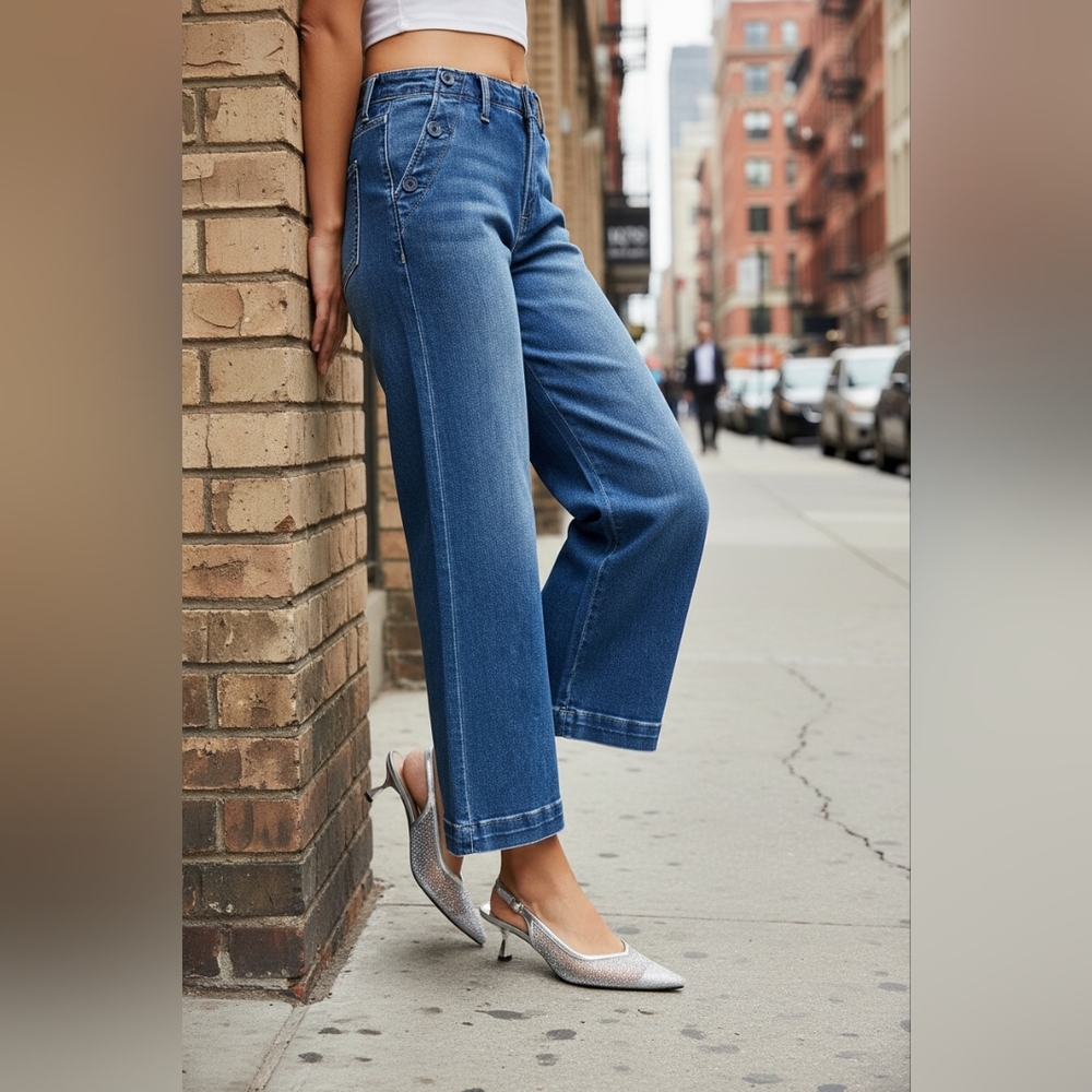 Risen High Rise Wide Leg Jeans Button Slit Pockets Denim Pants Ankle Crop Jeans